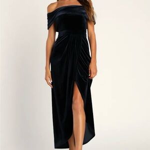 Lulu's I’m Enchanted Navy Blue Velvet Off the Shoulder Dress